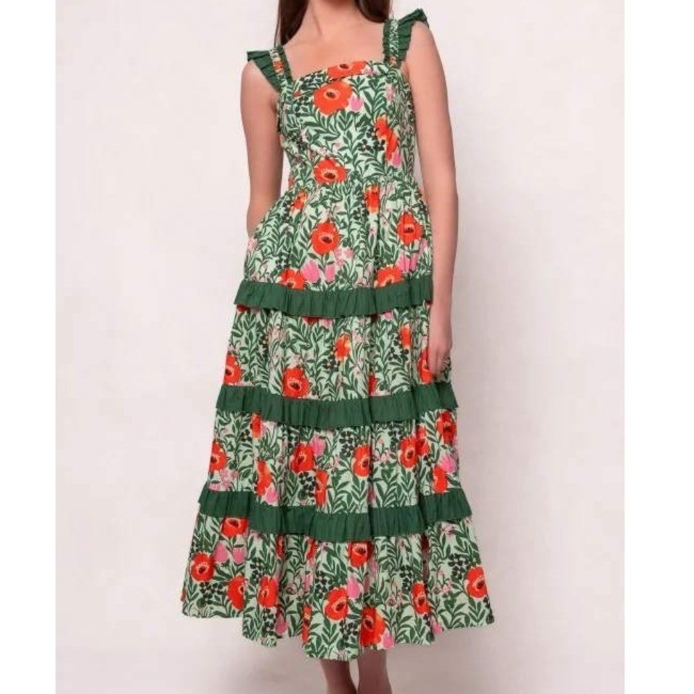 Ivy City Co Green Orange Floral Cotton Tiered Maxi Dress Small NWT